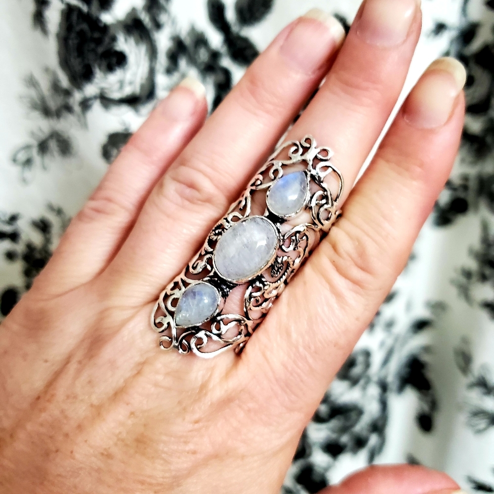 New Rainbow Moonstone 925 Silver Statement Ring.